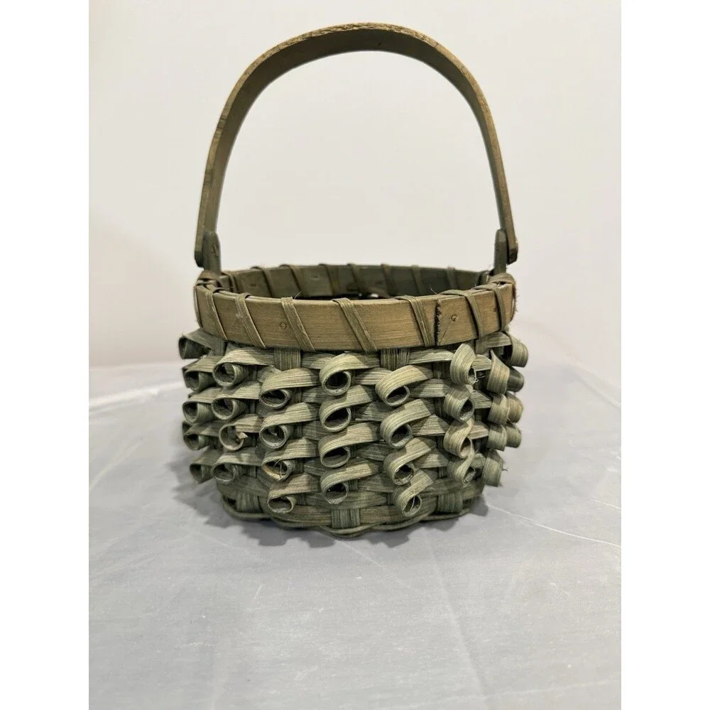 Vintage Green Curl Weave Woven Basket with Handle Cottage Farmhouse Decor